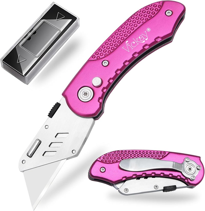 Vickay Folding Utility Knife, Box Cutter with 5 SK5 Quick Change Blades, Safety Axis Lock Design Razor Knife, Lightweight Aluminum Handle Belt Clip for Office Home Artcraft (Hot Pink) - Image 1